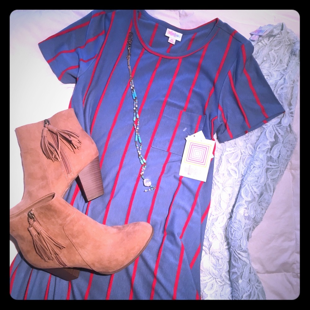 💕LulaRoe Red on Blue-Grey Stripe Carly (TALL)
